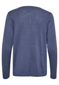 Herren-Pullover mit langen Ärmeln in einfarbigem Dunkelblau, gefertigt aus feinem Strickmaterial mit rundem Ausschnitt sowie gerippten Bündchen an Ärmeln und Saum.