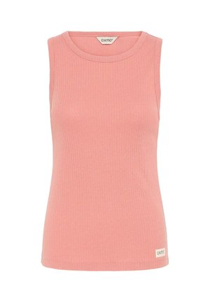 Débardeur rose à côtes sans manches avec encolure ronde et petite étiquette de marque près de l'ourlet inférieur.