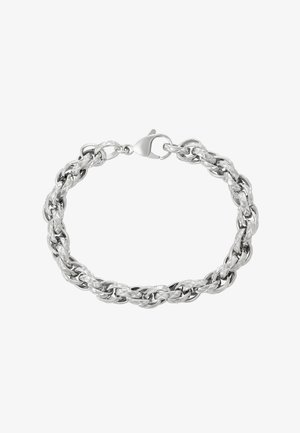 Bracciale in catena intrecciata di tonalità argento con link testurizzati e chiusura a gancio su sfondo bianco.