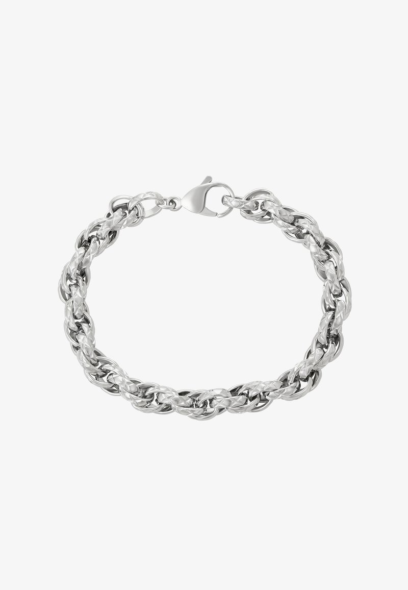 Nerezový pletený řetízek s texturovanými články a zapínáním na krabí sponu na bílém pozadí.