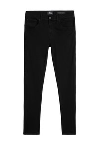 Sorte slim-fit jeans lavet af denim, med et tapered ben-design, fem lommer, og en knaplukning med lynlås.