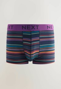Bóxer para hombres en azul oscuro con rayas horizontales multicolores, que presenta una cinturilla elástica morada con la marca "NEXT".