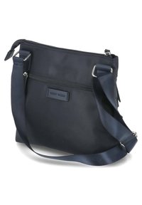 Borsa a tracolla blu navy in nylon, con tasca frontale con zip, tracolla regolabile e etichetta in pelle con marchio.