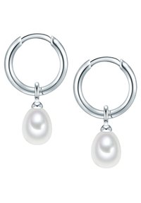 Sidabrinės žiedinės auskarai su lygiomis, ašarų formos balto perlų kabliukais. Dizainas pasižymi paprasta, poliruota tekstūra.