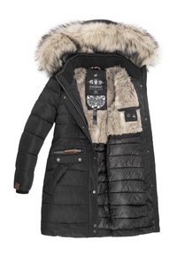 Black parka with a detachable fur-lined hood, quilted outer material, zippered and button pockets, and a soft fur interior.
