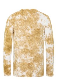 Langärmliges Batikshirt mit einem braun-weißen Farbdesign, aus weichem Baumwollmaterial, mit klassischem Rundhalsausschnitt.
