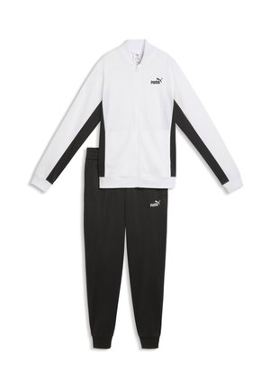 Hvid lynlåstrøje med sorte sidelommer og sort Puma-logo, kombineret med sorte joggers med hvidt Puma-logo.