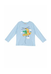 T-shirt a maniche lunghe azzurro chiaro con elicottero e coccodrillo, con la scritta "SALVATAGGIO AEREO", circondato da nuvole bianche. Materiale in cotone.