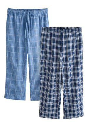 Dva páry károvaných pyžamových nohavíc s elastickým pásom a šnúrkami, jedny svetlomodré a jedny tmavomodré s bielymi kockami.