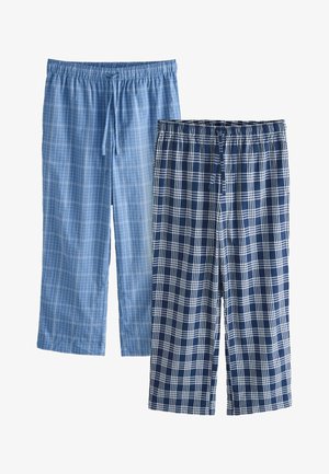 Két pár kockás pizsamanadrág, elasztikus derékkal és húzózsinórokkal, az egyik világoskék, a másik tengeri kék fehér kockákkal.