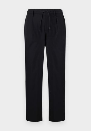 Schwarze Hose aus glattem Stoff, mit einem Kordelzugbund, geraden Beinen und einer Vorderfalte für einen strukturierten Look.