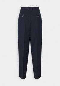 Pantaloni blu navy a vita alta con una vestibilità dritta. Presentano due tasche posteriori con chiusura a bottoni e una texture liscia.