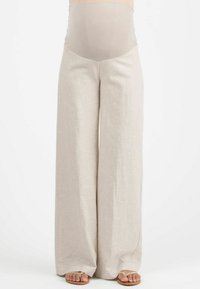 Beige weite Hosen mit einem hohen, formschlüssigen Bund aus einem glatten, dehnbaren Material. Leichter Stoff mit einer sanften Textur und minimalen Details.