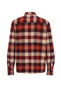 Langärmliges Flanellhemd mit rot, orange, beige und dunkelbraunem kariertem Muster, von hinten gezeigt, mit geknöpften Manschetten.