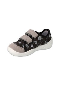 Czarno-szare dziecięce buty z zapięciem na rzepy, z tekstylną cholewką z nadrukami zwierząt i robotów oraz białą gumową podeszwą.