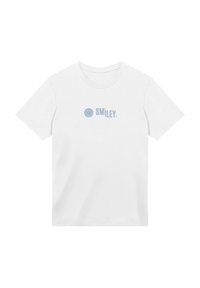 Weißes Baumwoll-T-Shirt mit hellblauem "SMILEY."-Text und einem Smiley-Gesicht-Graphic, Standardpassform mit kurzen Ärmeln und Rundhalsausschnitt.