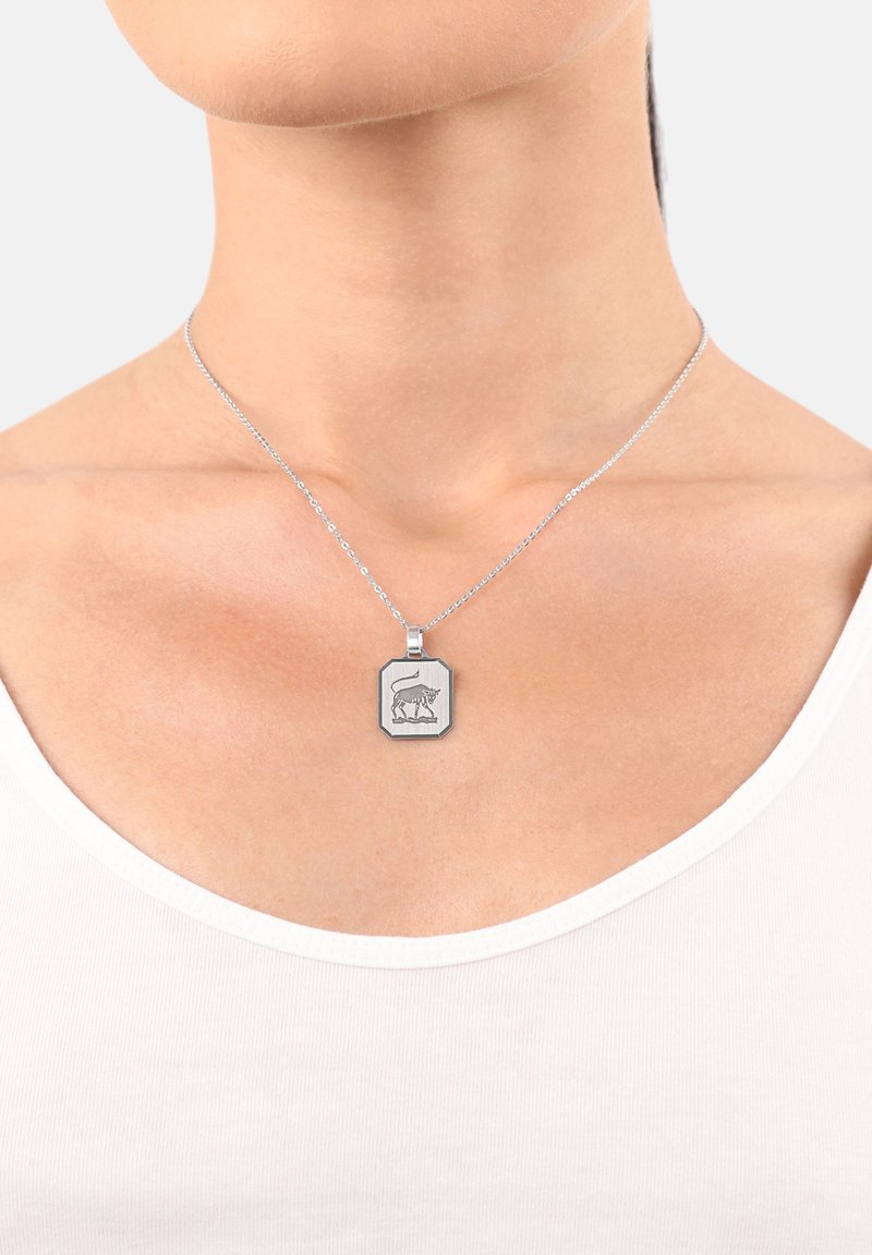 Collana d'argento con un pendente ottagonale che presenta un design animale inciso. La catena è composta da piccoli anelli tondi.
