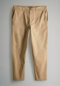 Beezhivärvilised chinos, millel on lame esiosa, kaks külgtaskut ja nööpide sulgemine. Kude on sile ja kerge sära annab sellele. Muster puudub.