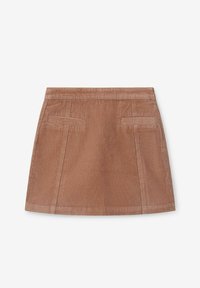 Jupe en velours côtelé marron avec une coupe droite, dotée de deux poches avant et d'une ceinture lisse. Tissu texturé avec des rayures verticales.