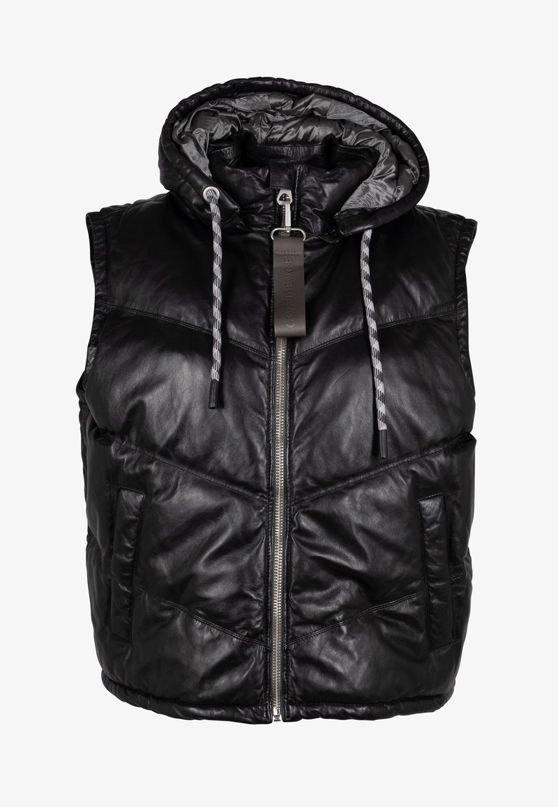 Zwarte gewatteerde bodywarmer met capuchon, met een doorgestikte textuur, ritssluiting aan de voorkant, twee zijzakken en een koordsluiting. Gemaakt van leerachtig materiaal.