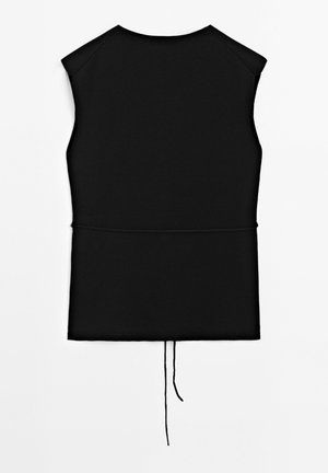 Black sleeveless vest with a round neckline and a thin drawstring hanging from the bottom hem, displayed flat on a white background.