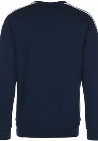 Marineblauwe sweater met een ronde hals, lange mouwen en witte strepen langs de schouders. Gemaakt van een zachte, gestructureerde stof.