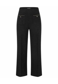 Vidbenade svarta byxor i texturerat tyg med två framfickor med guldaccenter och en figursydd midja.