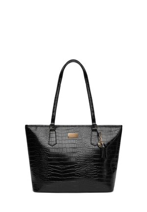 Schwarze Tragetasche aus Kunst-Krokodilleder mit doppelten Griffen, goldfarbenem Logoplakett und Quastenanhänger.
