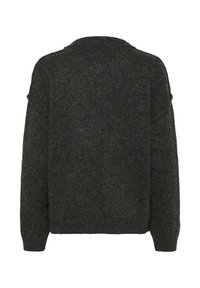 Dark gray knitted sweater with long sleeves, ribbed cuffs, and collar, shown from the back on a white background.