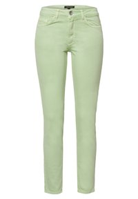 Vaqueros ajustados de color verde claro, hechos de denim, con cierre de botones, bolsillos delanteros y textura suave. Diseño clásico de cinco bolsillos.