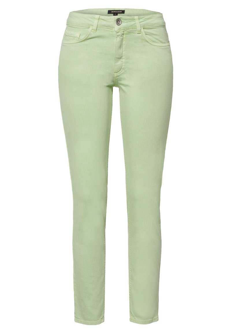 Vaqueros ajustados de color verde claro, hechos de denim, con cierre de botones, bolsillos delanteros y textura suave. Diseño clásico de cinco bolsillos.