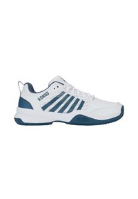 White athletic shoes with blue accents, mesh upper, and rubber sole. Features diagonal stripes and a back tab for easy wear.