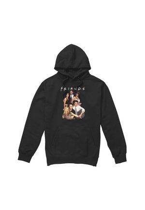 Black hooded sweatshirt with a front photo of six people posing together and the word "FRIENDS" above them in white letters.