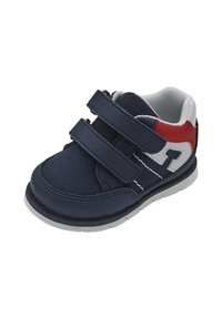 Sneaker per bambini di colore blu navy con due cinturini regolabili in Velcro, dettagli bianchi e rossi, tomaia in tessuto testurizzato e suola in gomma.