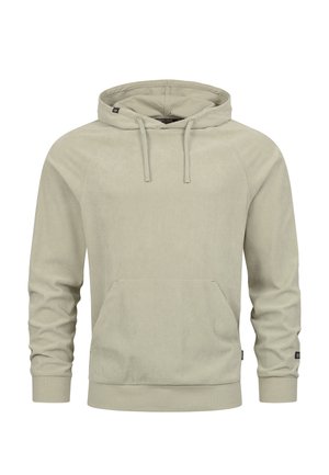 Ljusbeige ribbad hoodie med snörning, känguruficka och långa ärmar, avbildad mot en vit bakgrund.