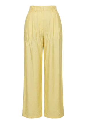 High-waisted, wide-leg yellow pants with belt loops and a textured fabric finish, displayed on a plain white background.