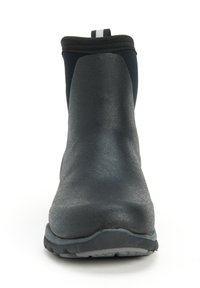 Black waterproof ankle boot with a textured upper, elastic cuff, and a rugged sole, featuring a gray stripe on the back.