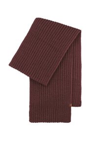 Głęboki burgundowy szalik dziany z szerokim ściągaczem, złożony, z małą brązową metką blisko krawędzi, wyeksponowany na białym tle.