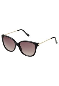 Schwarze Cat-Eye-Sonnenbrille mit verlaufenden Gläsern, goldenen Metallakzenten und einem strukturierten Kunststoffrahmen. Stylisches, übergroßes Design für UV-Schutz.