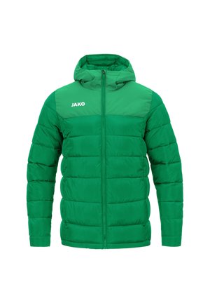 Giacca imbottita verde con cappuccio, cerniera frontale e logo bianco "JAKO" sul petto sinistro.