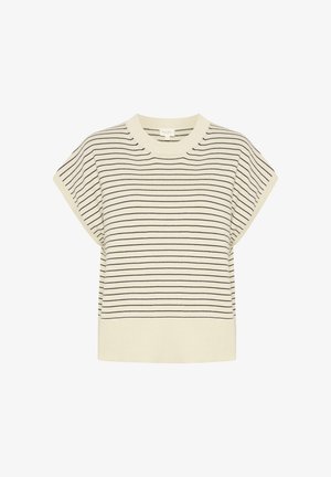 Gestreepte top met korte mouwen in roomkleur en marineblauw, gemaakt van zachte brei-stof. Heeft een ronde halslijn en verlaagde schouders.