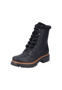 Bottines en cuir noir avec un col en fausse fourrure, fermeture à lacets à l'avant, semelle en caoutchouc et surpiqûres contrastantes en tan. Elles possèdent un bout arrondi et un col rembourré.