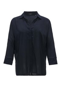 Chemisier bleu marine semi-transparent avec un col et une fermeture à boutons sur le devant. Présente des manches longues et une coupe décontractée avec des fentes sur les côtés.