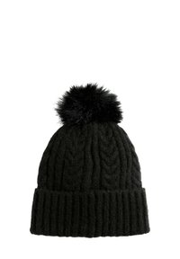 Czarna dzianinowa czapka beanie z pomponem na górze. Posiada wzór w warkocze oraz ściągacz u dołu. Wykonana z miękkiego, teksturowanego materiału.