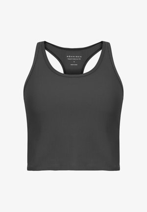 Mörkgrå ribbad sportbh med hög halsringning och racerback-design. Gjord av mjukt, elastiskt material. Storlek small. Minimalistiskt utseende.