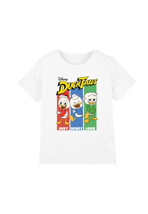 White T-shirt featuring Disney DuckTales with Huey in red, Dewey in blue, and Louie in green standing next to their names.