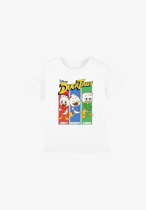 White T-shirt featuring Disney DuckTales with Huey in red, Dewey in blue, and Louie in green standing next to their names.
