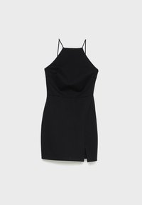 Mini-robe noire sans manches avec fines bretelles, col montant, taille cintrée et petite fente devant sur un côté.