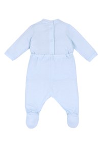 Ljusblå bomullssovdräkt för baby med långa ärmar, hela ben, tryckknappar bak och åtsittande fötter.