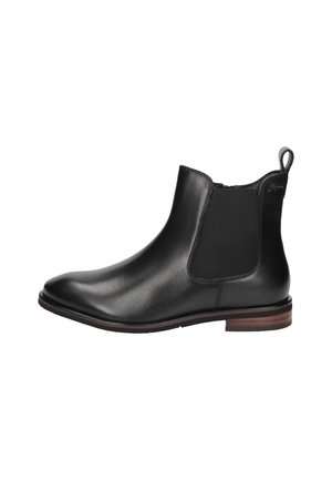 Black leather ankle boot with elastic side panel, pull tab at back, low wooden heel, and rounded toe.